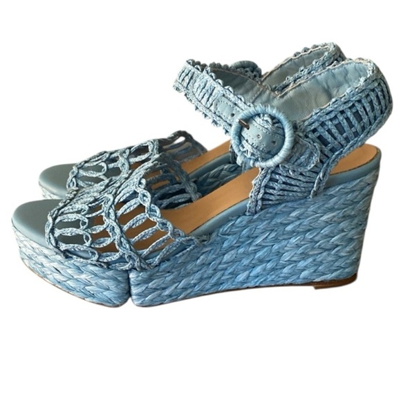 Paloma Barceló Espadrille Style Braided Wedge Heels Size 39 Sky Blue Raffia Wove - Picture 1 of 8